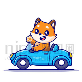 可爱卡通开小汽车的狐狸