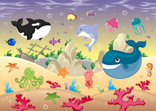 梦幻海洋动物卡通海底珊瑚背景墙