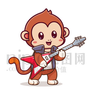 可爱卡通弹贝斯的猴子