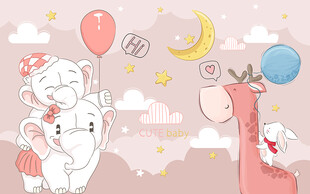 可爱大象长颈鹿儿童房背景墙