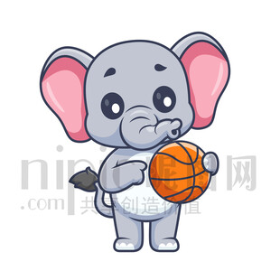 可爱卡通抱着篮球的大象
