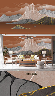 原创新中式抽象线条山水壁画