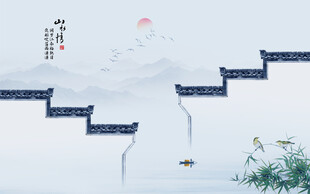 新中式水墨江南背景墙壁画