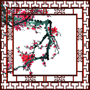 中式框景中的红梅绽放