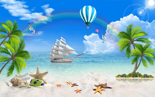 蓝天大海沙滩椰树背景墙