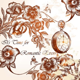 复古花卉与怀表浪漫图案