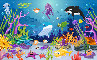梦幻海底世界卡通鲸鱼珊瑚背景墙