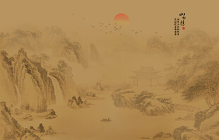新中式古风国画山水背景墙壁画