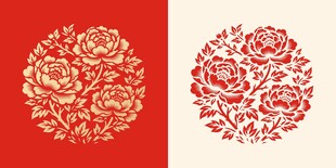 牡丹花传统剪纸纹样矢量图