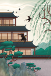 手绘柳树燕子假山古风建筑