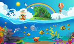 卡通海底世界儿童房背景墙
