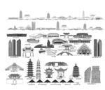 绍兴浙江城市建筑线描插画地标