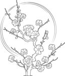 圆形轮廓下的梅花线描图 矢量图