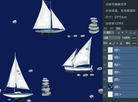 卡通帆船儿童房男孩壁画石头船