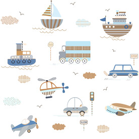 卡通彩小船儿童房壁画可无限循环