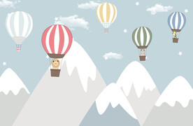 卡通儿童热气球山白云星星壁画