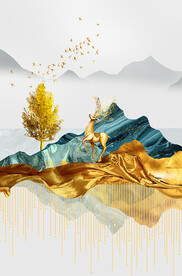 山水石来运转麋鹿装饰画晶瓷画