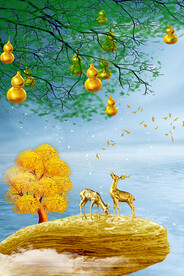 石来运转轻奢麋鹿葫芦装饰画