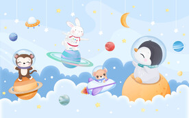 卡通动物宇航员外太空星球背景墙