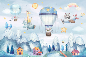 卡通热气球小动物水彩山峰背景墙