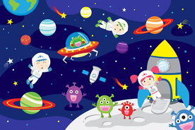 卡通太空星球可爱宇航员火箭背景