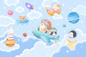 卡通云朵太空动物星球儿童背景墙