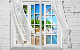 海边风景立体窗户电视背景墙