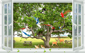 窗外鸟语花香大树电视背景墙