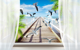 海边栈桥海鸥电视背景墙