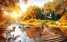 深秋景色木桥电视背景墙