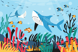 卡通鲨鱼手绘珊瑚海底动物背景墙