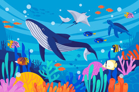 手绘蓝色海底卡通鲸鱼珊瑚背景墙