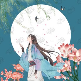 蓝色背景古风人物插画