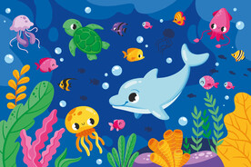 海底世界可爱海豚海龟热带鱼背景