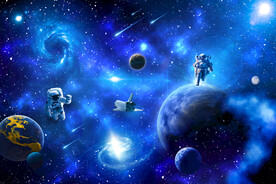 蓝色太空星球宇航员火箭银河背景