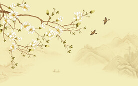 中式手绘工笔花鸟画电视背景墙