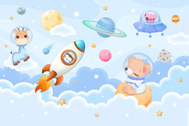 卡通太空火箭动物星球儿童背景墙