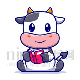 可爱卡通爱学习的奶牛手上拿着书