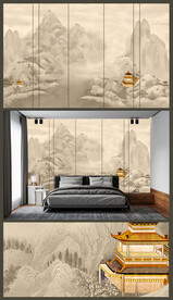 新中式轻奢楼阁背景壁画