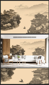 新中式轻奢楼阁山水背景壁画