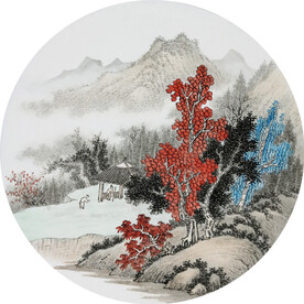 原创新中式水墨圆形山水玄关入户