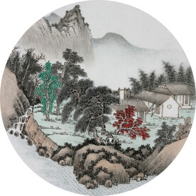 原创新中式水墨圆形山水玄关茶室