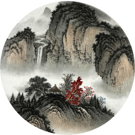 新中式 山水画 水墨画 圆形画