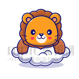 可爱卡通趴在云朵上的小狮子
