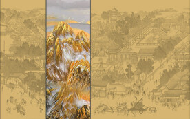 新中式轻奢楼阁山水背景轻奢壁画