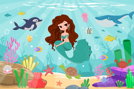 可爱美人鱼卡通鲸鱼海底世界背景