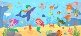 卡通美人鱼鲸鱼海底动物珊瑚背景