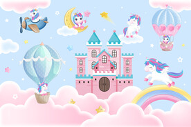 粉色城堡卡通彩虹独角兽气球背景