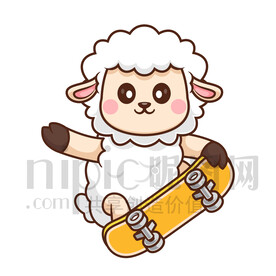 可爱卡通玩滑板的绵羊