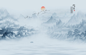 现代中式写意水墨山水画墙画